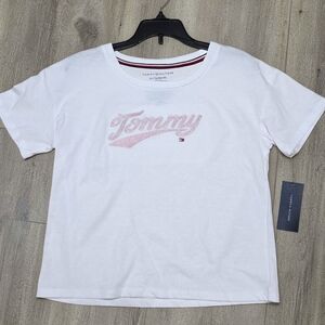 Tommy Hilfiger Girls Size XL Size 16 White Tee W/ Pink Embroidered Script
